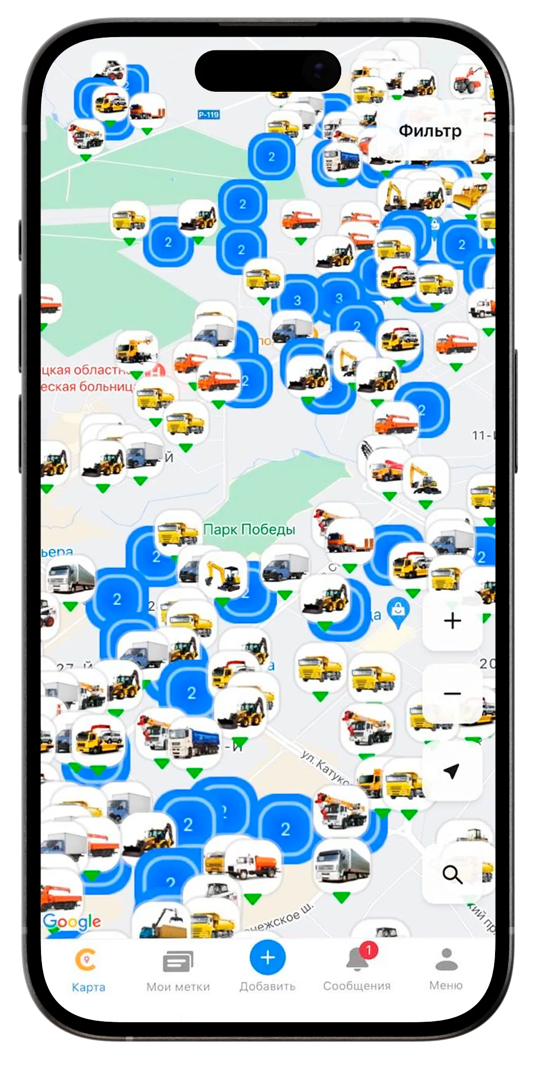 Интерактивная карта аренды спецтехники в приложении Сами